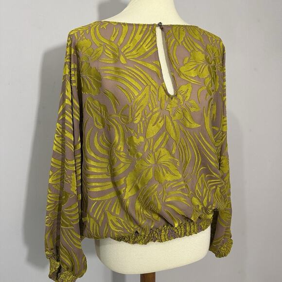 Cynthia Vincent Velvet Tropical Boho Artsy Top Large Blouse Peasant Neon Citron - Picture 3 of 10